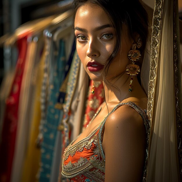 Photo a woman stands in front of a row of dresses with the word fashion on the bottom