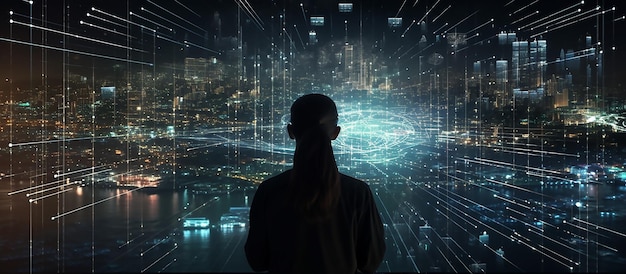 A woman stands in front of a screen that says'the future of tomorrow '