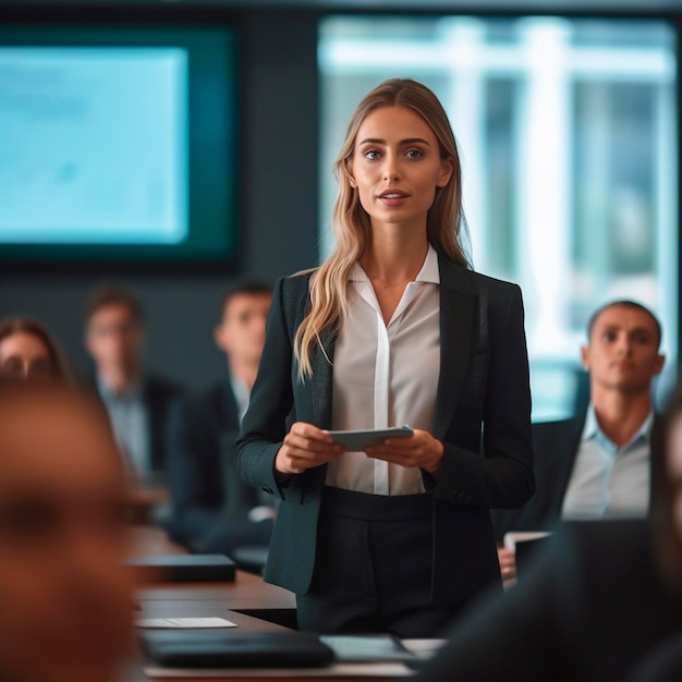 A woman stands in front of a screen that says'i'm a lawyer '