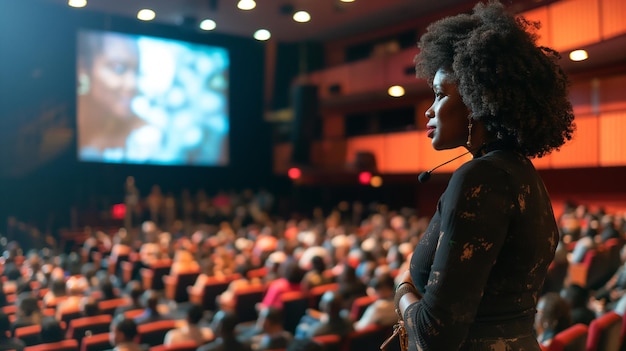 a woman stands in front of a screen with a large screen behind her