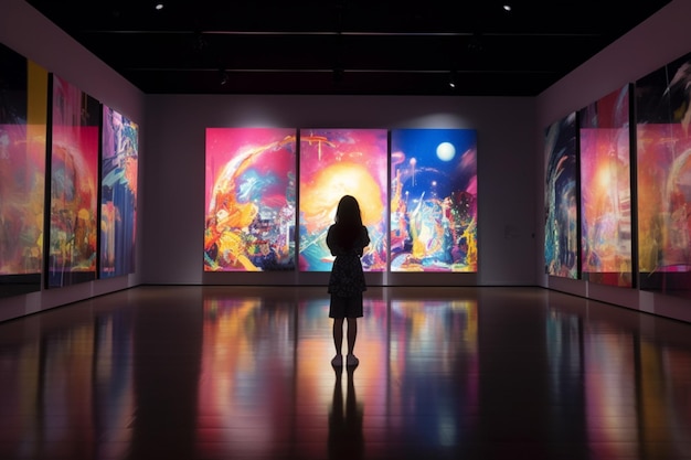 A woman stands in front of several paintings on display.