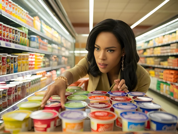 a woman stands in front of a shelf of different colors of yogurt