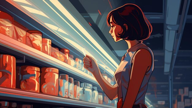 A woman stands in front of a shelf filled with various jars Generative AI