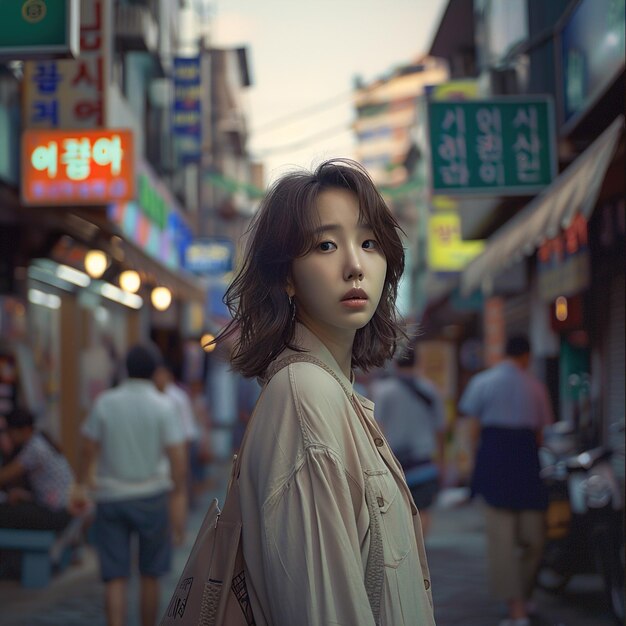 a woman stands in front of a sign that says  asian