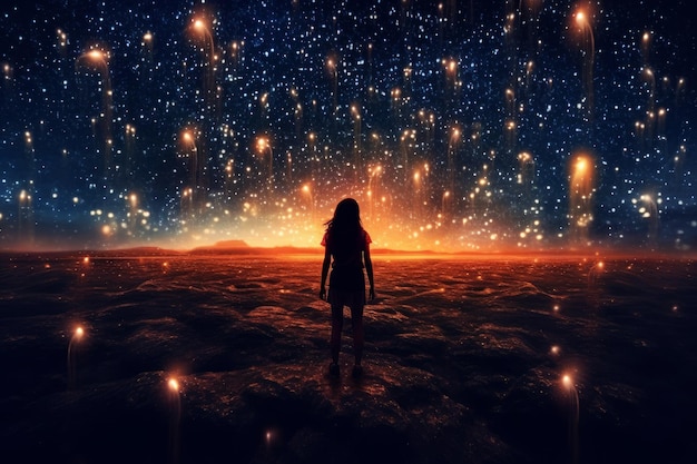 A woman stands in front of a starry sky with the words fire on it.