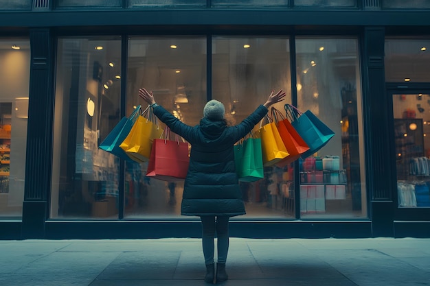 a woman stands in front of a store window with her arms outstretched