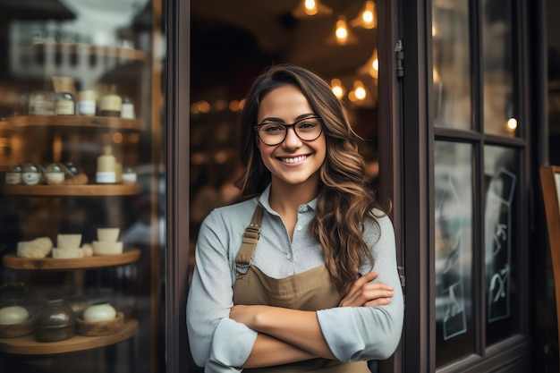 A woman stands in front of a store with a glass door that says'beauty '