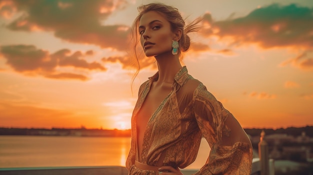 Photo a woman stands in front of a sunset with the sun setting behind her.