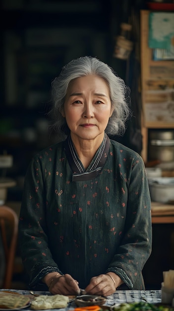 Photo a woman stands in front of a table with a bowl of food