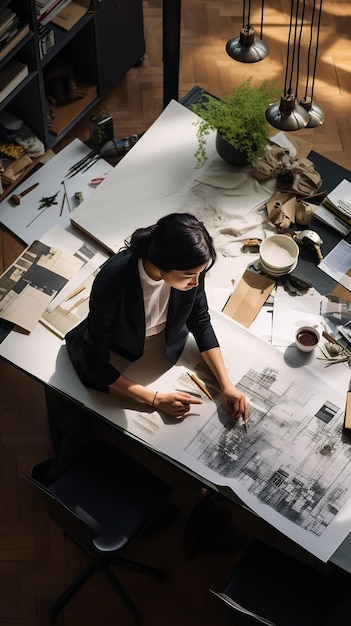 Photo a woman stands in front of a table with lot of pictures