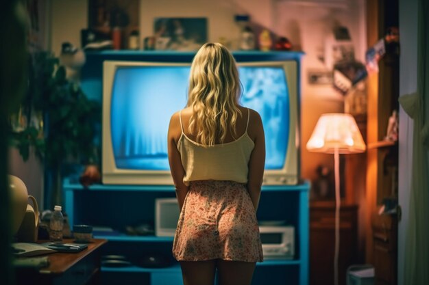 A woman stands in front of a television in a dark room.