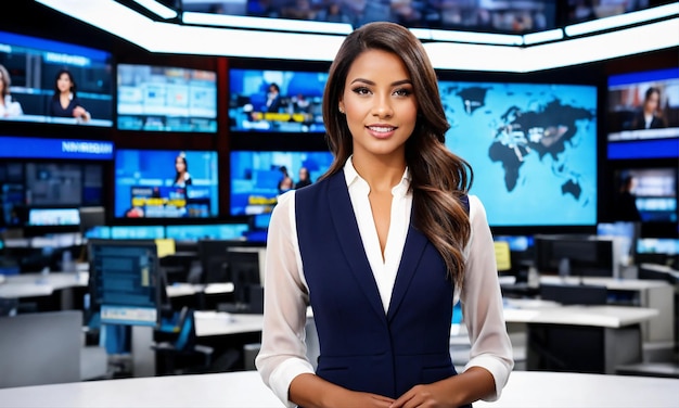 a woman stands in front of a tv screen that says  news