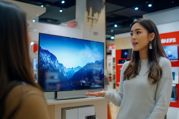 a woman stands in front of a tv with a mountain on the screen