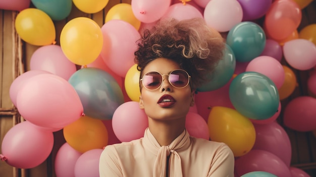 A woman stands in front of a wall of balloons