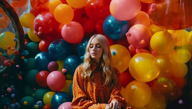 A woman stands in front of a wall of balloons.