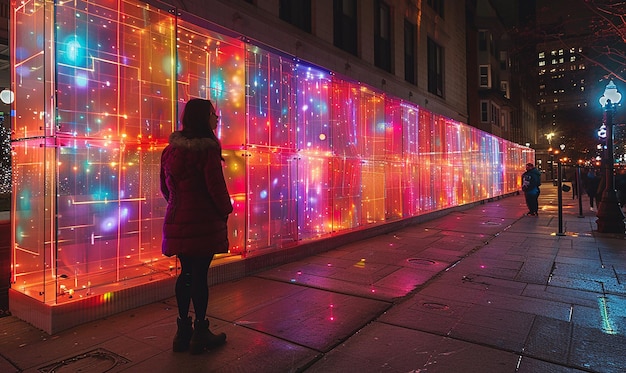 a woman stands in front of a wall of lights