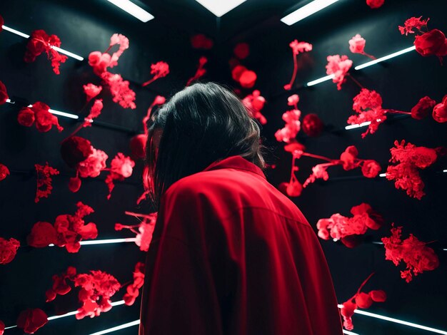 Photo a woman stands in front of a wall of red flowers