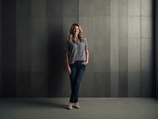 Photo a woman stands in front of a wall that says  she is smiling