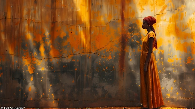 a woman stands in front of a wall with a fire in the background