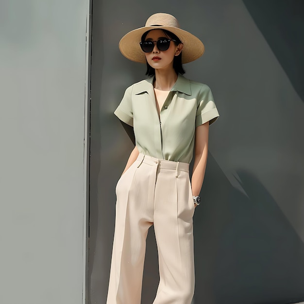 Photo a woman stands in front of a wall with a hat on it and sunglasses ai generated