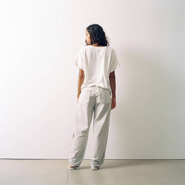 a woman stands in front of a wall with her arms outstretched