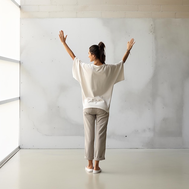 Photo a woman stands in front of a wall with her arms outstretched