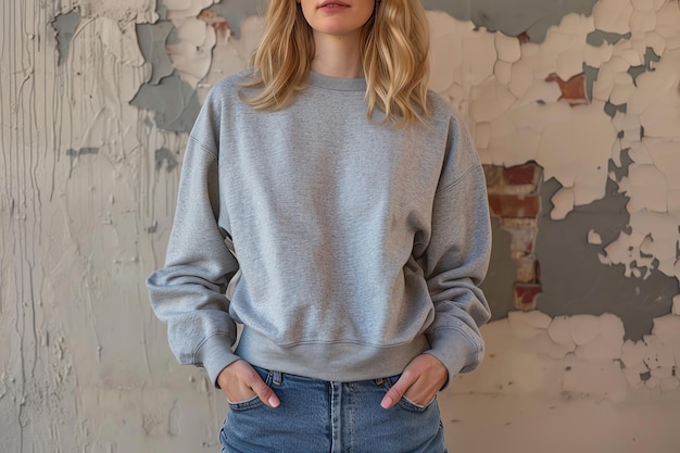 Photo a woman stands in front of a wall with her hands on her hips