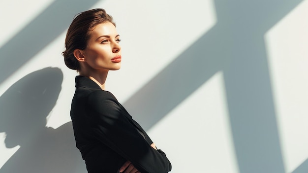 Photo a woman stands in front of a wall with shadows