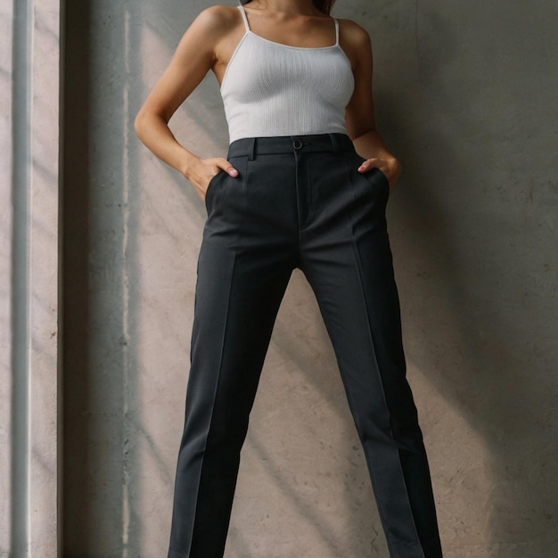 a woman stands in front of a wall with a white tank top on