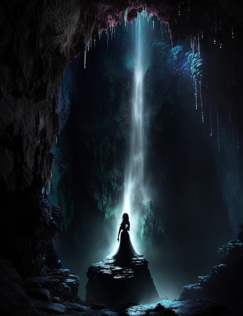 A woman stands in front of a waterfall in a cave with icicles hanging from the ceiling