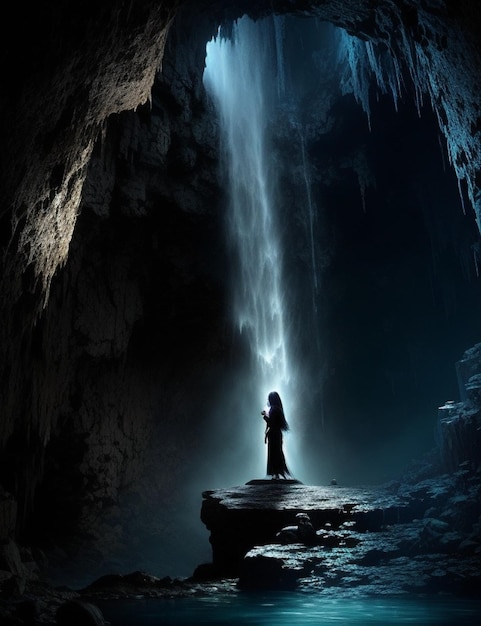 A woman stands in front of a waterfall.