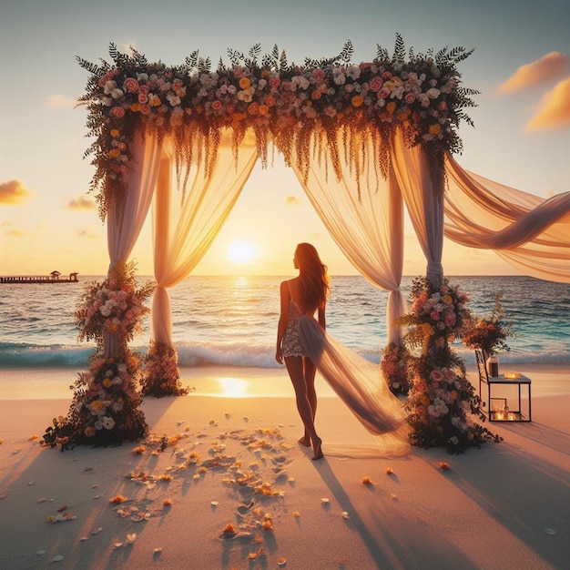 a woman stands in front of a wedding tent with flowers on the beach