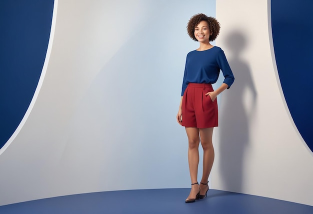 a woman stands in front of a white backdrop with a blue top that says quot afro quot