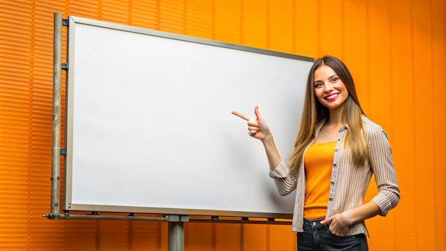 a woman stands in front of a white board with the word  pointing to it