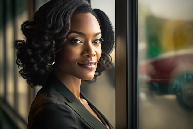 A woman stands in front of a window, looking out of a window.