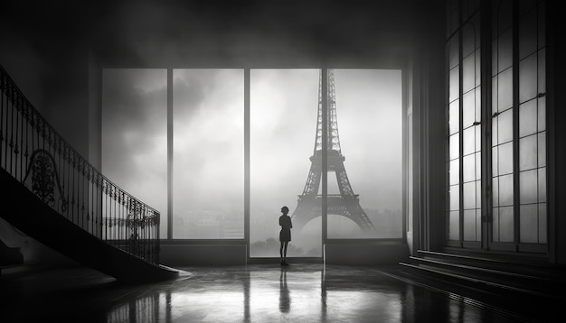 A woman stands in front of a window that says eiffel tower.