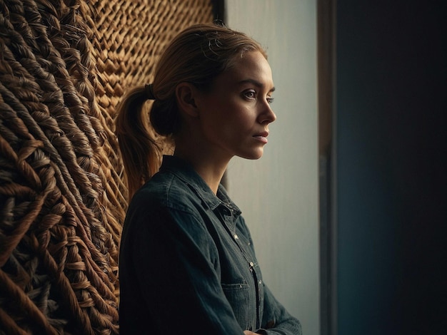 Photo a woman stands in front of a window with a curtain in the background