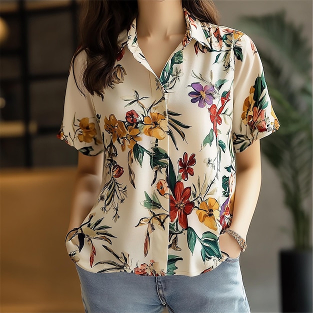 Photo a woman stands in front of a window with a flowered shirt