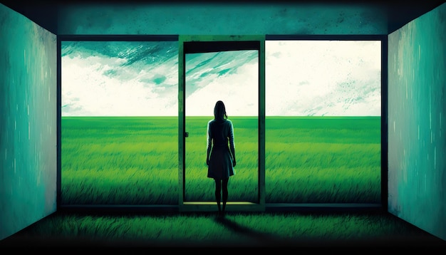 A woman stands in front of a window with a green field in the background.