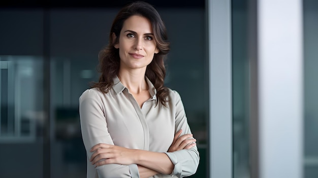 A woman stands in front of a window with her arms crossed.