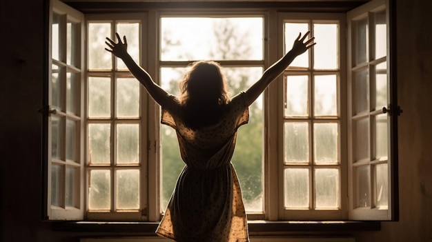 A woman stands in front of a window with her arms raised.