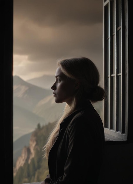 Photo a woman stands in front of a window with mountains in the background