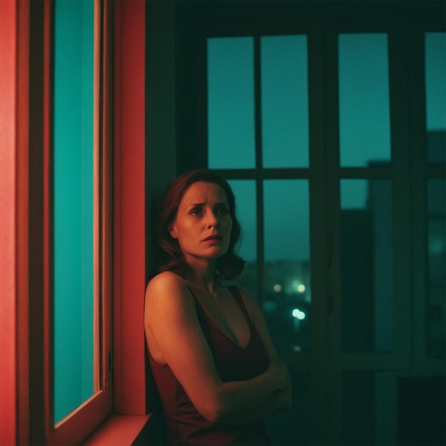 a woman stands in front of a window with a red and green light behind her