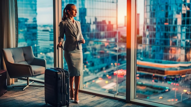 a woman stands in front of a window with a suitcase and a window with the sun behind her