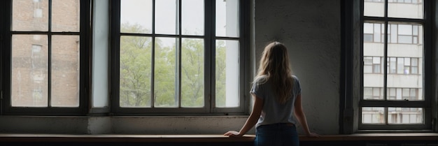 a woman stands in front of a window with a window in the background