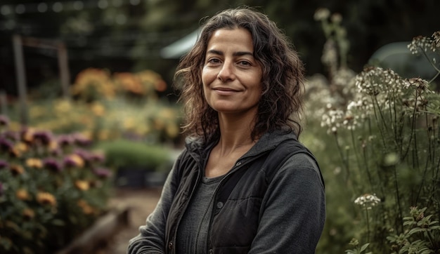 A woman stands in a garden with flowers in the background.