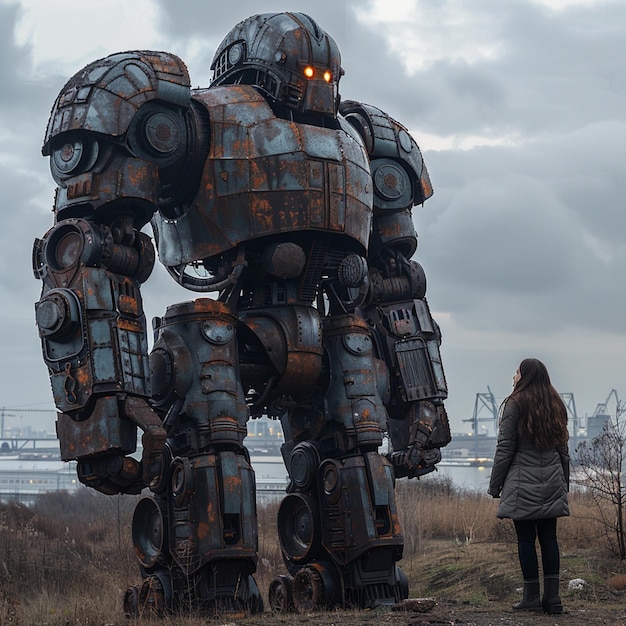 a woman stands next to a giant robot made of metal