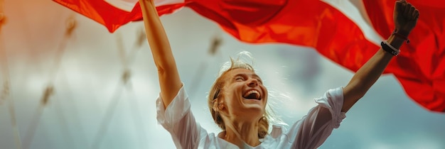 Photo woman stands in gray sky wearing white shirt smiling holding red flag aloft medium shot