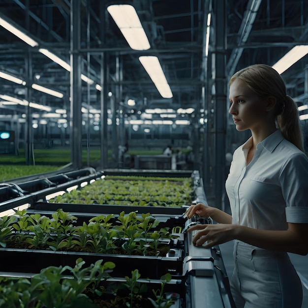 Photo a woman stands in a greenhouse with plants in it