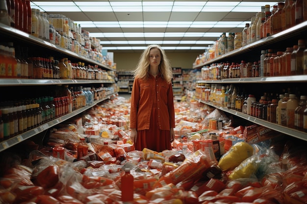 Photo a woman stands in a grocery store filled with food and condiments